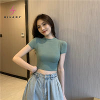 HILADY เสื้อยืดคอกลมแขนสั้นทรงสูงสำหรับผู้หญิงเสื้อเอวลอยใหม่เรียบง่ายสีพื้น