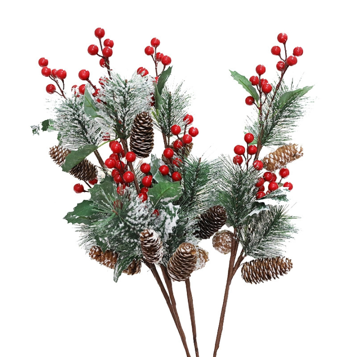 เข็มไม้สนเทียม1ชิ้นผลไม้เล็กๆสีแดงตกแต่งต้นคริสต์มาสโคนลูกสนระฆังโคนลูกสนดอกไม้ประดิษฐ์กิ่งไม้ฮอลลี่