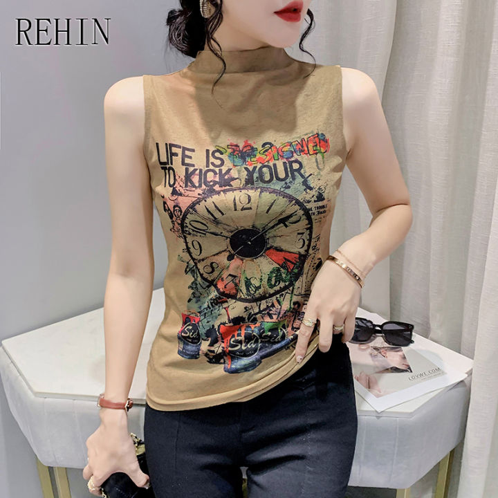 rehin-เสื้อพิมพ์ลายแฟชั่นสำหรับผู้หญิงเสื้อยืดแขนกุดครึ่งคอสูงเข้ารูปพอดีเสื้อกล้ามบาง