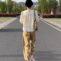 【Ready】? Summer new suit female fashion all-match foreign style short-sleeved shirt straight wide-legged carrot nine-point pants two-piece set