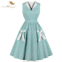 SISHION 50S 60S R Hepburn Vintage ลายสก๊อตผู้หญิง V คอผ้าฝ้าย Rockabilly ชุดกระเป๋า Bow VD0889