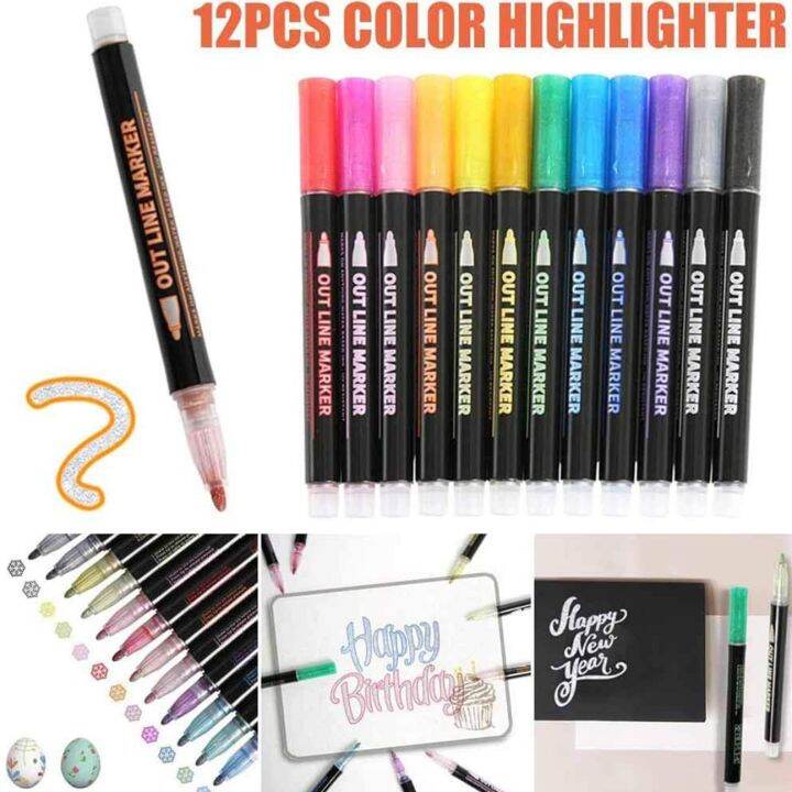 สินค้าขายดีปากกามาร์กเกอร์เค้าร่างแบบเส้นคู่12สีปากกามาร์กเกอร์เค้าร่างแบบเมทัลลิก