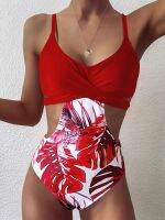 Summer Solid Color Printing Stitching Leaves Ladies Bow Swimsuit High Waist Floral Quick-Drying Sexy Tight Backless And Durable