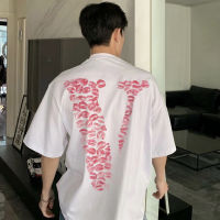 VLON Red Lip Big V พิมพ์เสื้อยืด, สไตล์อเมริกันฤดูร้อนผ้าฝ้ายหลวมคู่รักเสื้อยืดแขนสั้น