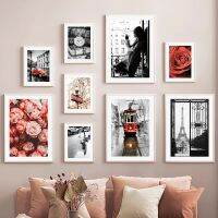 Wall Art ภาพวาดผ้าใบ Paris ผ้าขนหนูสีแดง Vintage Train Rose Flower Girl Modern Living Room Decor โปสเตอร์และพิมพ์ภาพผนัง New