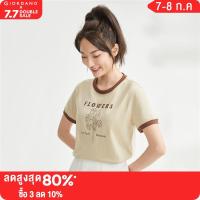 GIORDANO Women T-Shirts Flower Print Contrast Color Fashion Tee Summer Short Sleeve 100% Cotton Summer Casual Tshirts 05323406