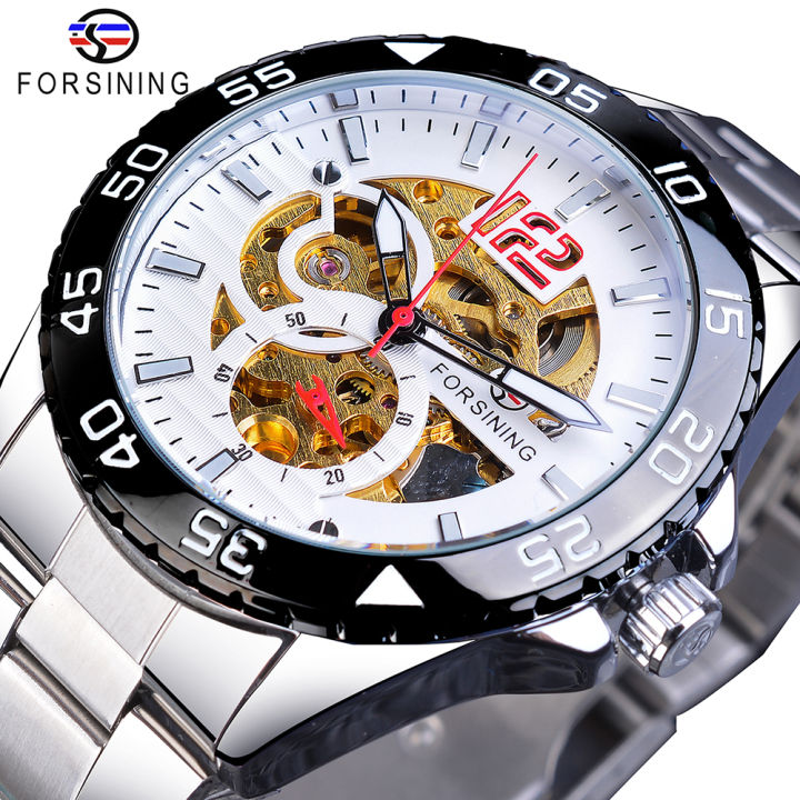 2021Forsining Top Brand Luxury Mens Wristwatch Fashion Skeleton Dial Silver Stainless Steel Automatic Mechanical Business Man Clock