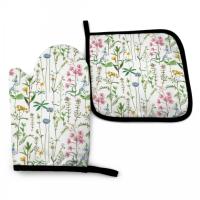 Lovely Flowers and Branches Oven Mitt and Pot holder Set Heat Resistant Kitchen Gloves with Inner Cotton Layer for Cooking BBQ