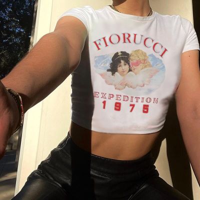 FIORUCCI เสื้อครอป Y2k ไซเบอร์กราฟิกส์สตรีทแวร์2000S รุ่น2000S แนวสตรีทแวร์