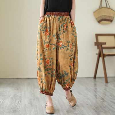 การพิมพ์คุณภาพสูงกางเกง Haroun ผู้หญิงในฤดูร้อนของปี2023การแสดงใหม่บางเอวยางยืดลมจีนฟื้นฟูวิธีโบราณคือกางเกงทรงหลวม