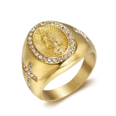 แหวน Virgin Mary คาทอลิกศาสนาคริสต์สำหรับผู้ชายเครื่องประดับฮิปฮอปพลอยเทียมชุบแหวนหินสแตนเลสพังก์