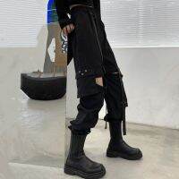 Women 39;s Cargo Pants Buckle Ribbon Pocket Jogger Elastic Waist High Streetwear Solid Harajuku Pant Females Trousers