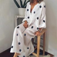 ZZOOI 5XL Women Polka Dot Summer Casual Loose Long Sleeve Bohemian Maxi Dress Sexy V Neck Boho Beach Dresses Vintage Vestidos