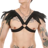 [HOT 2023] CLEVER-MENMODE สีดำ Feather Crop Top Bondage Harness ชุดชั้นในชายเซ็กซี่กรง Punk ยืดหยุ่นสายรัดตัวเร้าอารมณ์ Halter เสื้อคอ