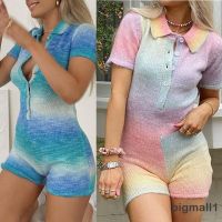 CODsack1juy6 BIGMALL-Women Knitted Jumpsuit Tie-Dye/Stripe Turn-Down Collar Short Sleeve Button-Open Romper 3 Colors