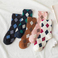 5 Pairs Korean Japanese Cute Kawaii Cartoon Women Socks Ins Student Colorful Diamond Plaid Casual Tube Socks