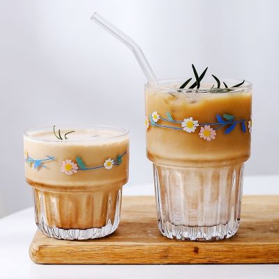 【High-end cups】เกาหลีดอกไม้แก้วแก้วจดหมายทองพิมพ์อาหารเช้านมถ้วยกาแฟคริสตัลใสทนความร้อนถ้วยบ้าน Drinkware