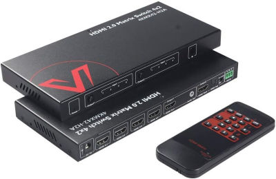 V AV Access AV Access HDMI Matrix Switch 4x2 4K 60Hz 4:4:4 HDR ARC/SPDIF 5.1CH, 3.5mm Stereo Audio, Scaler 4K 1080P Synch, HDCP 2.2 18Gbps, API RS232 Matrix Splitter 4 in 2 Out with IR Remote Control