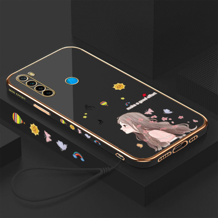 คลังสินค้าพร้อม-เคสเคสมือถือสำหรับ-xiaomi-redmi-note-8มีฟรีสายคล้อง-การ์ตูนผีเสื้อเด็กผู้หญิงขอบสี่เหลี่ยมชุบเคลือบฝาหลังนิ่ม