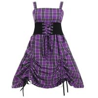 [COD] European and retro style strap drawstring tight waist plaid print large swing dress cross-border womens spot