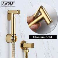 【YF】 Awolf Titanium Gold Polishing Solid Brass Handheld Toilet Bidet Sprayer Set Hygienic Shower Head Angle Valve Anal AP2264