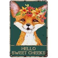 Vintage Hello Sweet Cheeks Fox With Flowers Tin Sign - Funny Bathroom Quote Wall Decor-เหมาะสำหรับตกแต่งห้องน้ำของขวัญ