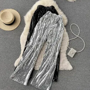 Silver Full Sequined Women Wide Leg Pant Elastic Waist Bling Luxury Chic  Capris Casual Gold Long Pant Female Club Casual Style