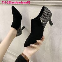 asdsadsaaff Botas de camurça pontiagudas para mulheres sapatos curtos pretos saltos muito altos calçado feminino botas outono Y2K และโปรโมชัน