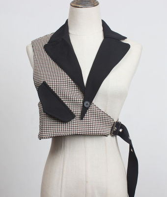 [EAM] Women Black Plaid Irregular Stitch Loose Fit Vest New V-collar Sleeveless Fashion Tide Spring Autumn  1DC530