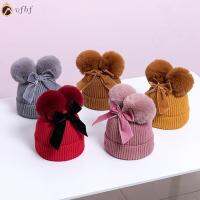 VFBF ฤดูใบไม้ร่วงและฤดูหนาว สีทึบ ลูกขนยาวคู่ Bobble Cap หมวกถัก หมวก หมวก