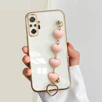 สำหรับ Xiaomi Redmi Note 10 Pro ฝาหลังพร้อมเคสสร้อยข้อมือหัวใจความรักสีชมพูเคสแฟชั่นหรูหราทำจากซิลิโคนนิ่มชุบ6D ผู้หญิงหญิงสาวเคสมือถือ