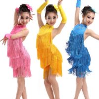 Girls Solid Tassel Dance Dress Latin Salsa Dance Wear Party Costume Stage Performance Outfit For 4-11 Years