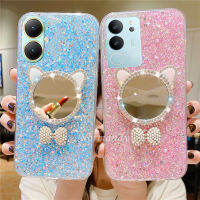 เคสโทรศัพท์ซิลิโคนนิ่มใสสำหรับฝาครอบหลังพีทียู Y02A Y02T Y78 Y27 V29รุ่น VIVO 4G 5G เคสมือถือสไตล์ผู้หญิงแฟชั่นแวววาวแวววาวมีหูแมวหูแต่งหน้ากระจก