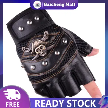 Skull Studded Punk Rock Biker Driving Women's Leather Fingerless Gloves