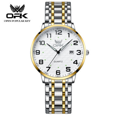 นาฬิกา OPK สำหรับผู้ชายแบรนด์ดั้งเดิมสไตล์ธุรกิจลำลองสแตนเลสสายเหล็กกันน้ำควอทซ์ปฏิทินเรืองแสง