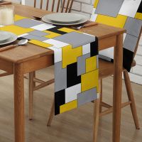 Yellow Black and White Geometric Square Color Abstract Art Table Runner for Wedding Decoration Table Runner Party Decoration