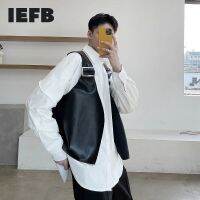 IEFB เสื้อกั๊กแขนกุดสำหรับผู้ชายดีไซน์เฉพาะแนวญี่ปุ่นเสื้อกันหนาวมีฮู๊ดหนัง PU ฤดูใบไม้ร่วงแนวเกาหลีแบบลำลอง