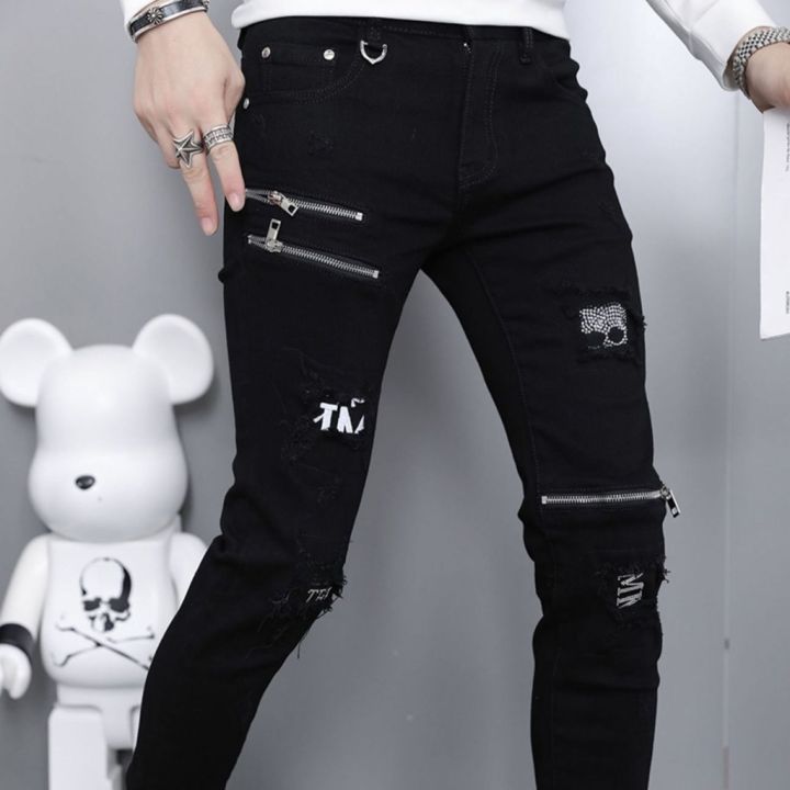 Source Ripped Patchwork Distressed Beggar Jeans Mens High Street Washed Denim  Pants Street wear Casual Straight Trousers Men on m.alibaba.com