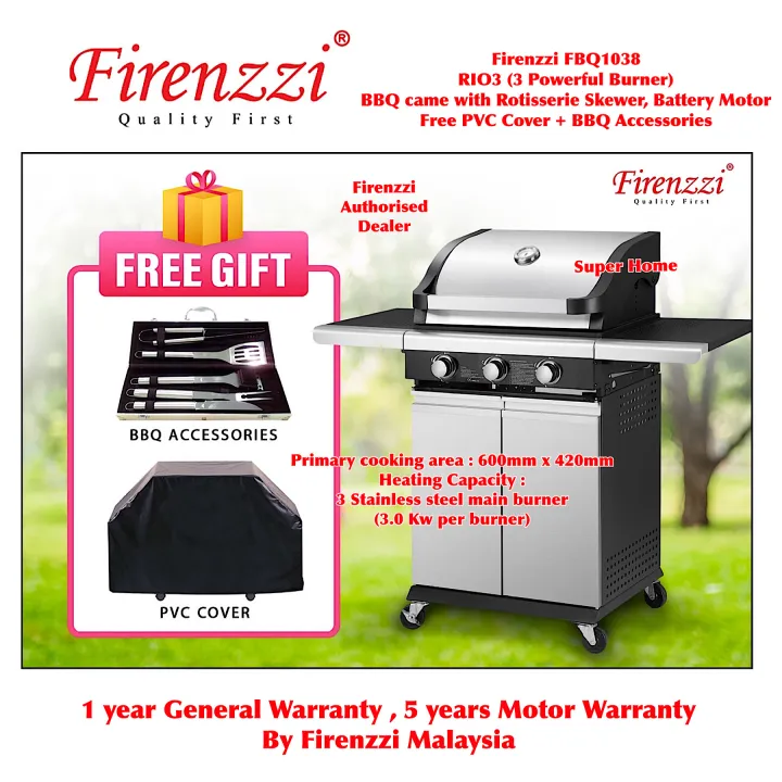 Firenzzi BBQ EXPERT GRILL RIO3 FBQ-1038 (3 Powerful Burner) BBQ came with Rotisserie Skewer, Battery Motor and Free PVC Cover + BBQ Accessories FBQ1038