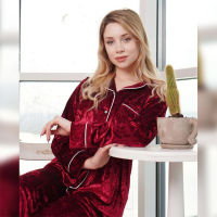 Hiloc Single Breasted Sleepwear Velour Robes Women Pajama Turn Down Collar Set Woman 2 Pieces Pocket Nightwear Velvet Nightgowns