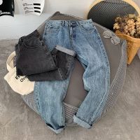 ┇▽ Autumn and winter Hong Kong style jeans mens Korean version trendy mens pants net red pants all-match loose straight retro students nine points