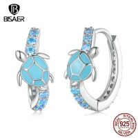 BISAER 925 Sterling Silver Turtle Hoop Earrings Zircon Stud Earring Plated Platinum For Women Beach Party Original Fine Jewelry