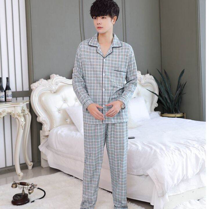 muji-high-quality-pajamas-mens-long-sleeved-summer-thin-cardigan-set-mens-clothes-dad-spring-and-autumn-youth-middle-aged-plus-size-loose-suit