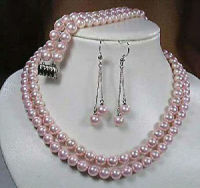 New Women Fashion 2Rows 8mm Pink South Sea Shell Pearl Necklace celet Earrings Set AAA Grade Wholesale and retail