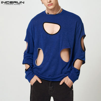 เสื้อเสื้อนอกทรงพองคอกลมสำหรับแขนยาวสำหรับผู้ชาย INCERUN เสื้อแบบสวมหัวกลวงออก (สไตล์ตะวันตก)