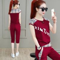 COD tjjs079 Sports Suit Womens Top cropped Trousers Suit Short Sleeve T-shirt Large Size Fashion Casual Two-piece Set