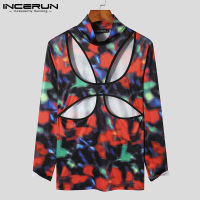 INCERUN Men T Shirt Turtleneck Long Sleeve  Hollow Out Streetwear Tie Dye Printed Men Clothing Sexy Party Nightclub Tops 7