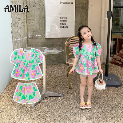 AMILA แบบเกาหลีของเด็กผู้หญิง Setelan Cantik 2023ฤดูร้อนแขนพัฟเด็กแบบใหม่กางเกงขาสั้นลายดอกไม้ขนาดใหญ่