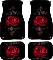 4 Pieces Car Floor Mats for WomenRed Rose Flower Printed Car Accessories Rubber Floor Mat Carpet All Weather Protection for Car