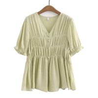 【มีไซส์ใหญ่】Plus Size XL-4XL Womens V-neck False Button Summer Blouses Ladies Vintage Elegant Female Tops